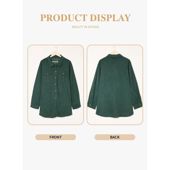 Womens Green Plus Size Plaid Shacket Long Sleeve Button Down Casual Jacket - Picture 4 of 5